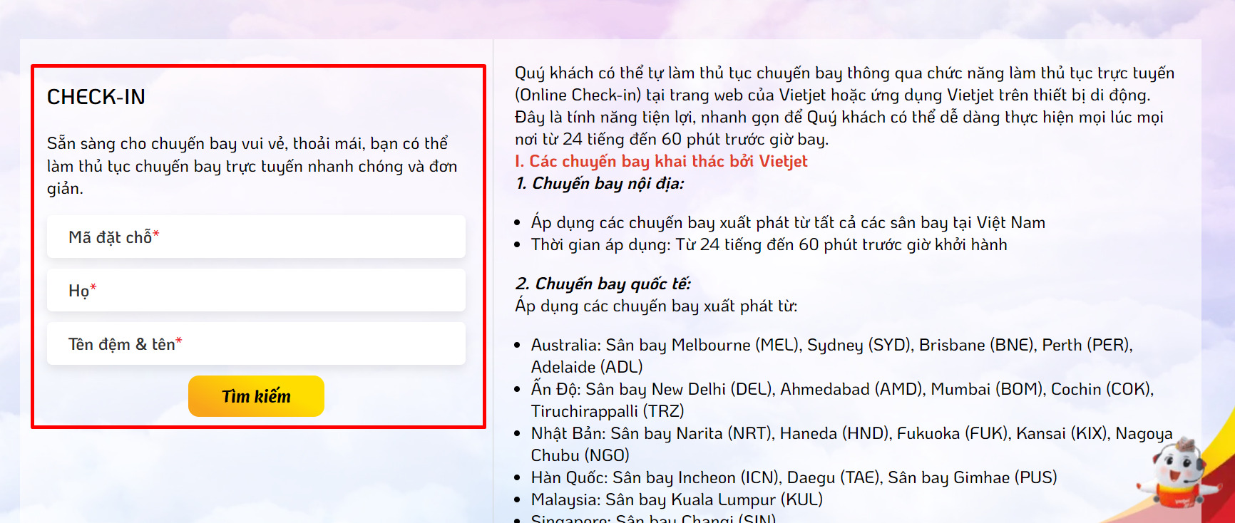 cách check-in online Vietjet Air khi bay quốc tế